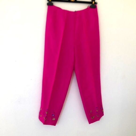 Vintage  Tibi   Bright Pink 100% Silk Embroidered Cropped Pants Size 6 - Picture 1 of 5
